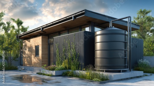 ADU + Rainwater Harvesting Modern small house with metal water tank and corrugated metal siding surrounded by greenery under a partly cloudy sky.