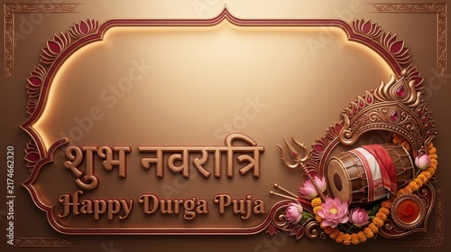 Shubha navratri greeting card design with traditional indian dhol drum and golden trident on elegant brown luxury background.