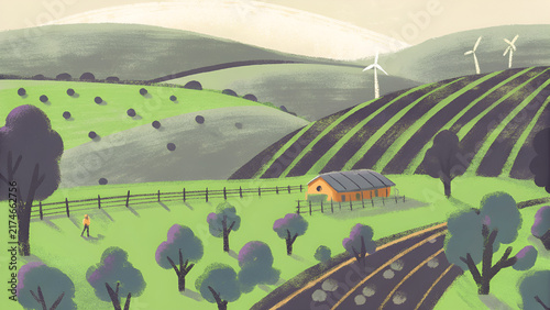 Green renewable energy themed background with wind turbine for generating electricity of a natural farmhouse