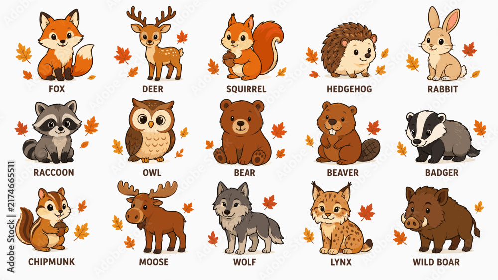 Obraz premium Cute cartoon forest animals set with autumn leaves including fox deer squirrel hedgehog rabbit raccoon owl bear beaver badger