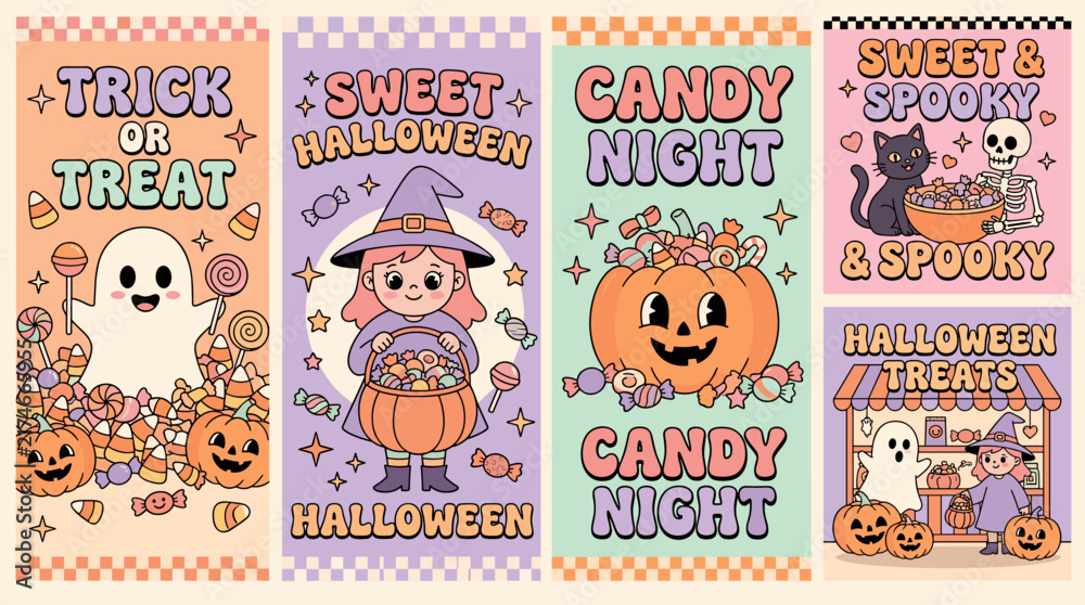 Fototapeta premium Set of retro cartoon Halloween illustrations with cute ghosts witches jack o lanterns and candy sweet treats