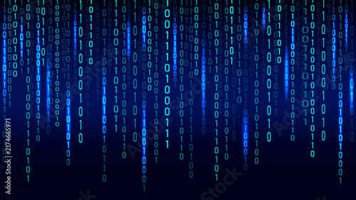Obraz w ramie Blue binary code matrix background with falling numbers and data stream