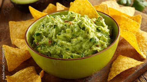 Fresh guacamole with tortilla chips in colorful bowl for Mexican food appetizer