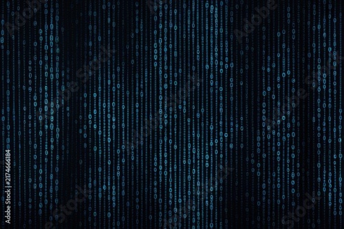 Obraz na płótnie Digital stream of glowing blue binary code cascading on a dark abstract background representing technology and data flow