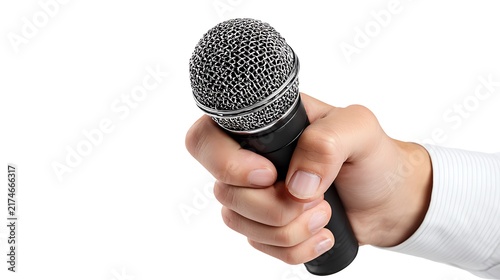 Hand holding dynamic microphone isolated on white background for speech singing and audio