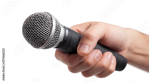 Hand holding dynamic microphone isolated on white background for speech singing and audio