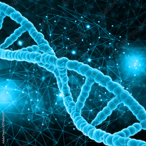 Fotografie Abstract three dimensional representation of a blue DNA double helix molecule wi