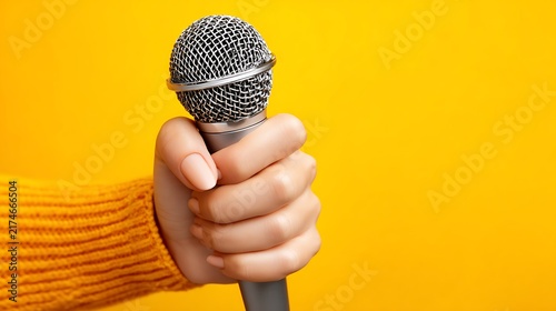 Hand holding black microphone on bright yellow background for media and communication