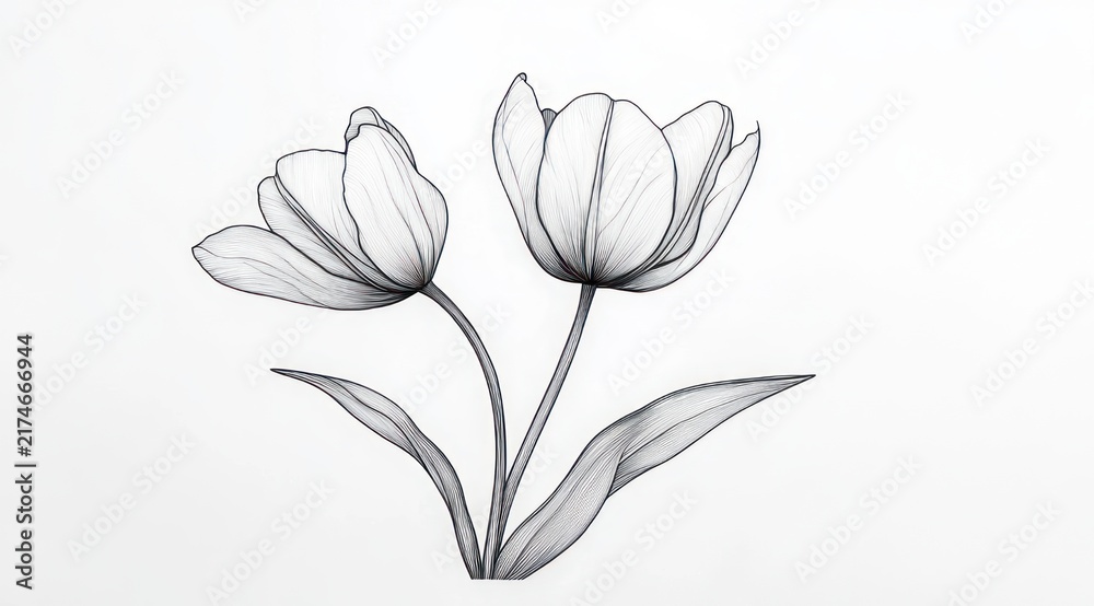 Obraz premium Delicate pencil line drawing of two tulip flowers with leaves, graceful and serene botanical illustration