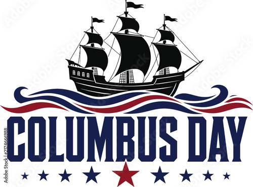 Quadro su tela Columbus Day Patriotic Typography Illustration With Sailing Ship Waves And Stars