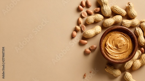 Creamy peanut butter in rustic wooden bowl with roasted peanuts on beige background