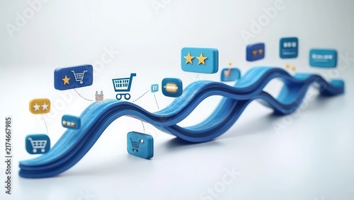fluid blue ribbon of 3d shopping icons, carts, star ratings and chat bubbles conveying dynamic connected online shopping and customer satisfaction