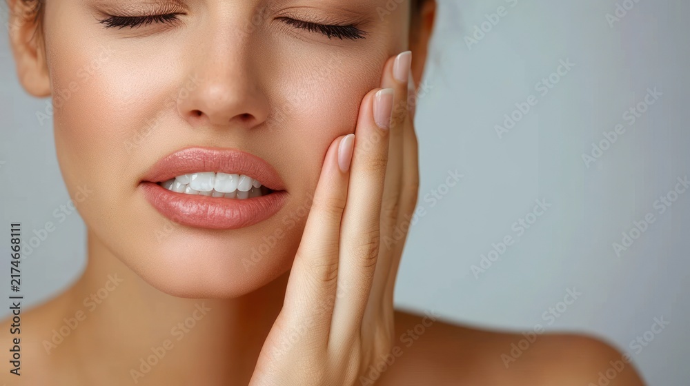 Obraz premium cropped close-up of a person with blurred face gently touching their cheek, showing ear, neck, shoulders and collarbone in soft lighting with a calm, contemplative mood on a neutral background