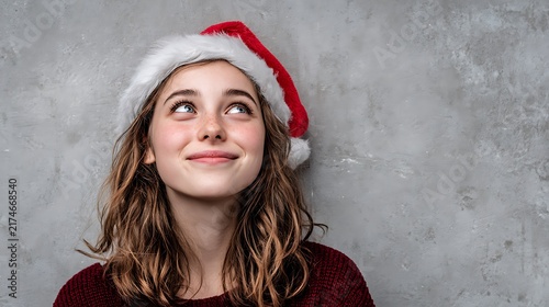 Young woman wearing Santa hat with dreamy Christmas holiday portrait on gray background