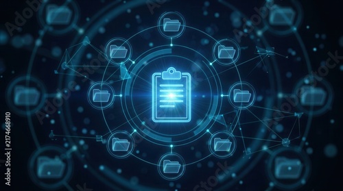 Hologram of a document management system featuring files and folders