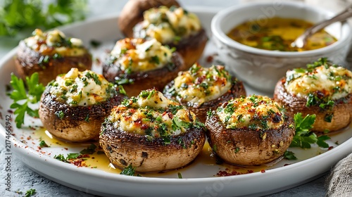 Stuffed baked mushrooms with cheese breadcrumbs and parsley appetizer on white plate