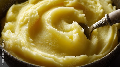 Creamy mashed potatoes with butter in rustic bowl and vintage silver spoon