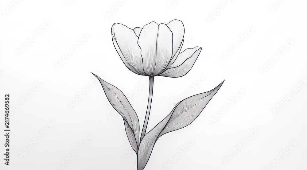 Obraz premium delicate minimalist black and white line drawing of a single tulip with stem and two leaves conveying calm elegance