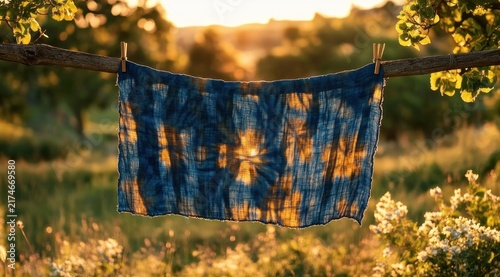 Blue hand-dyed cloth with star-like sunlit patterns hanging on a rustic clothesline over a sunlit meadow at golden hour, peaceful and warm