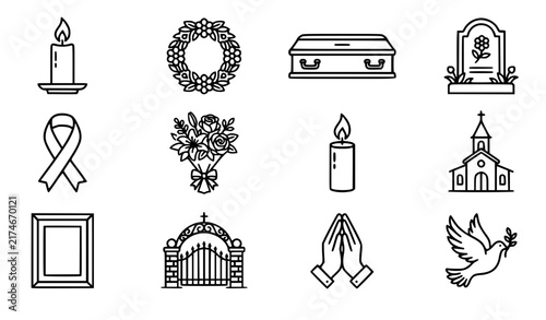 Funeral Ceremony Memorial and Remembrance Outline Icon Set