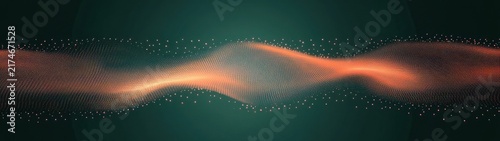 glowing orange particle wave and mesh ribbon across dark teal background with dotted particle field, flowing lines conveying calm futuristic motion and energy