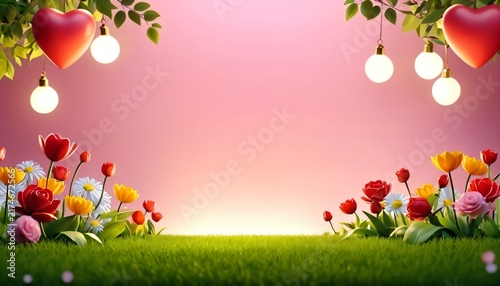 Pink spring meadow with flowers and hanging heart decorations