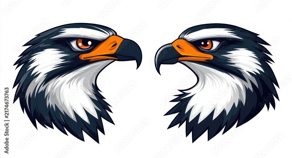 Obraz premium Two fierce stylized eagle heads facing each other with sharp orange beaks, intense eyes and bold layered feather details