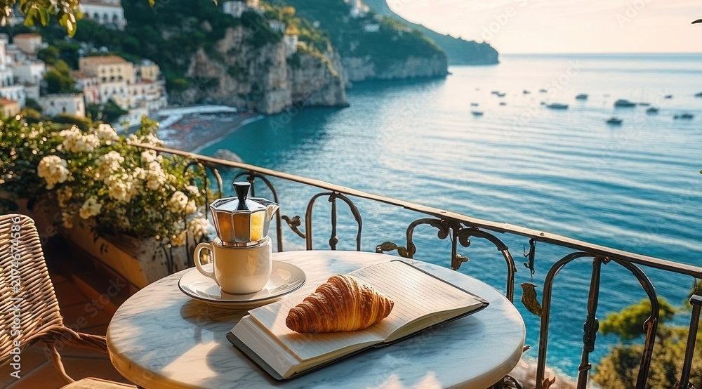 Obraz premium serene sunlit balcony breakfast overlooking calm sea with a small stovetop coffee maker and cup, croissant on a notebook on a round table, wicker chair, flowering plants and coastal cliffs