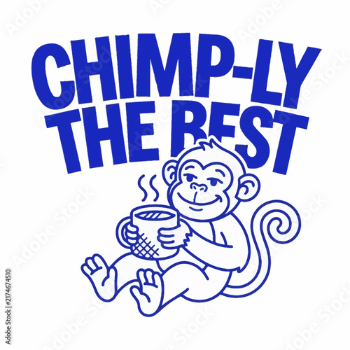 Canvas Print Cute cartoon monkey holding a hot cup of coffee with funny text.