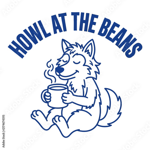 Cute cartoon wolf character holding a steaming mug of coffee with text.