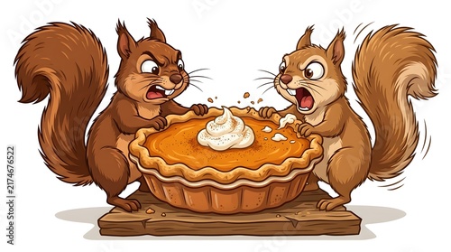 Two cartoon squirrels fighting over a pumpkin pie with whipped cream, sitting on a wooden board, isolated on a white background