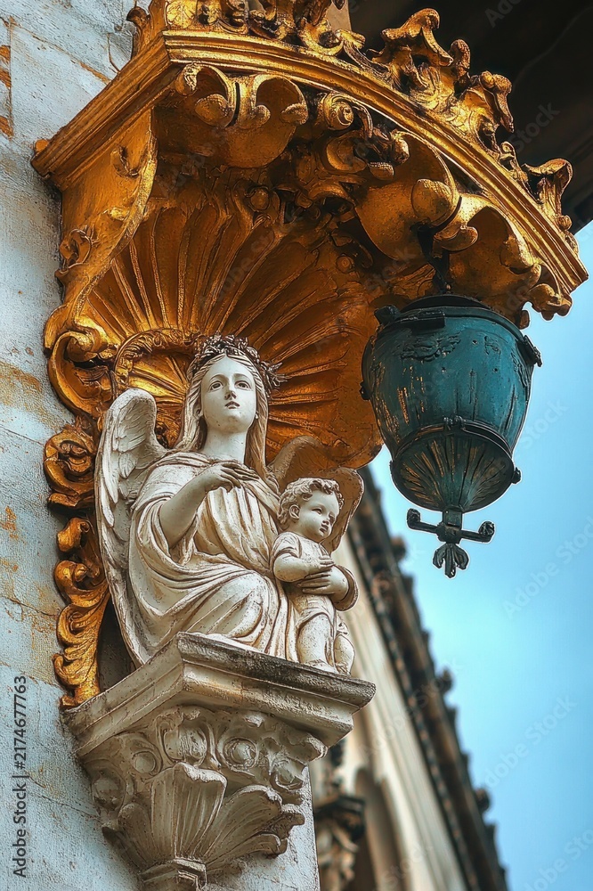 Naklejka premium Serene stone angel cradling a child on a carved pedestal beneath an ornate gilded canopy with a patinated green lantern on a building façade