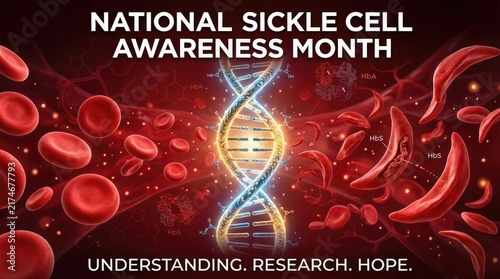 National sickle cell awareness month concept with dna strand and healthy and sick red blood cells