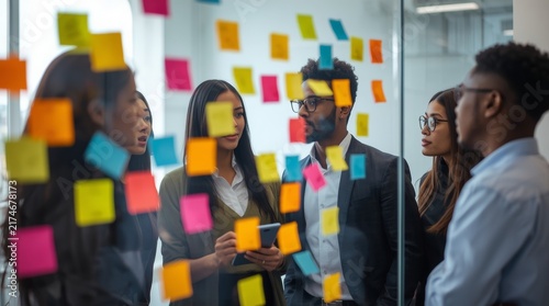 Diverse professional team collaborating creatively with colorful sticky notes on transparent