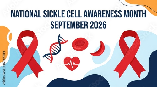 National sickle cell awareness month september 2026 banner with red ribbons and blood cells
