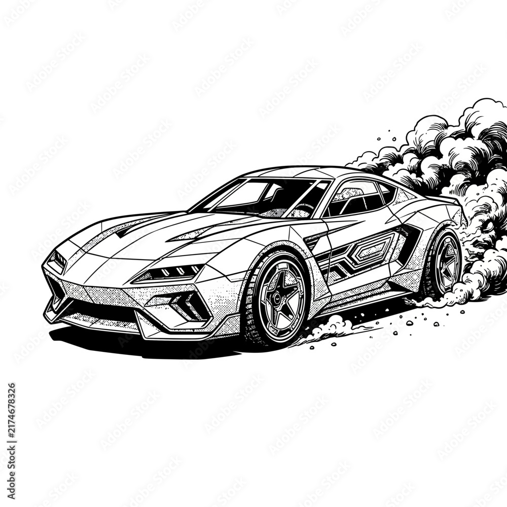 Fototapeta premium Detailed black and white vector illustration of a sports car drifting rapidly on white background