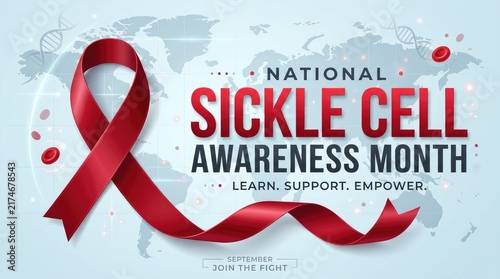 National sickle cell awareness month banner with red ribbon and world map background