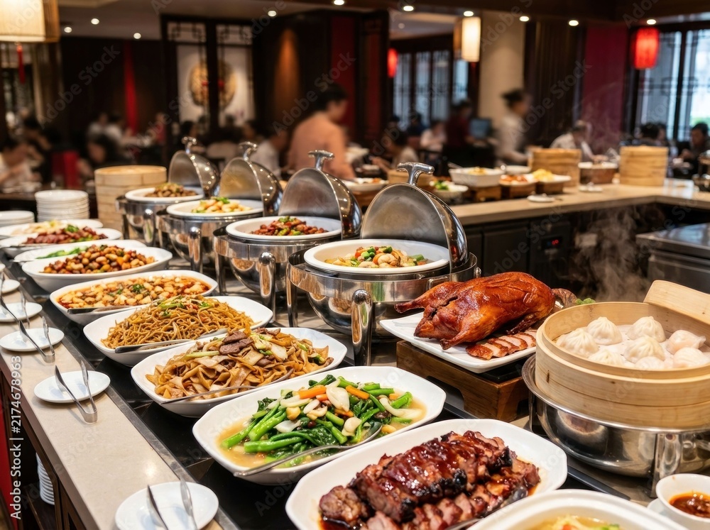 Fototapeta premium Abundant Chinese Buffet Spread with Roasted Meats and Steamed Dumplings.