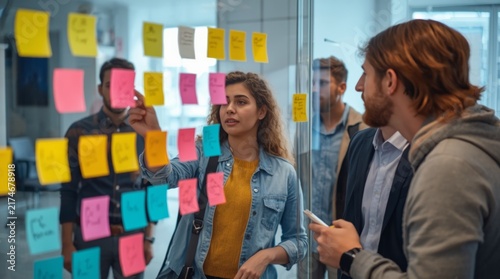 Team collaborating with colorful sticky notes during brainstorming session in modern office space