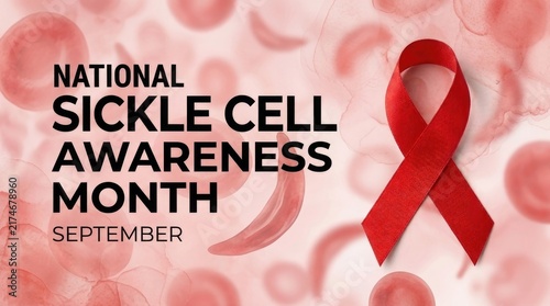 National sickle cell awareness month in september with red ribbon and blood cells