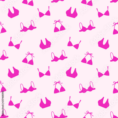 Seamless pattern with pink bikini tops and lingerie. Flat vector illustration. Summer, swimwear, underwear, beachwear, fashion. Pink bra icons.