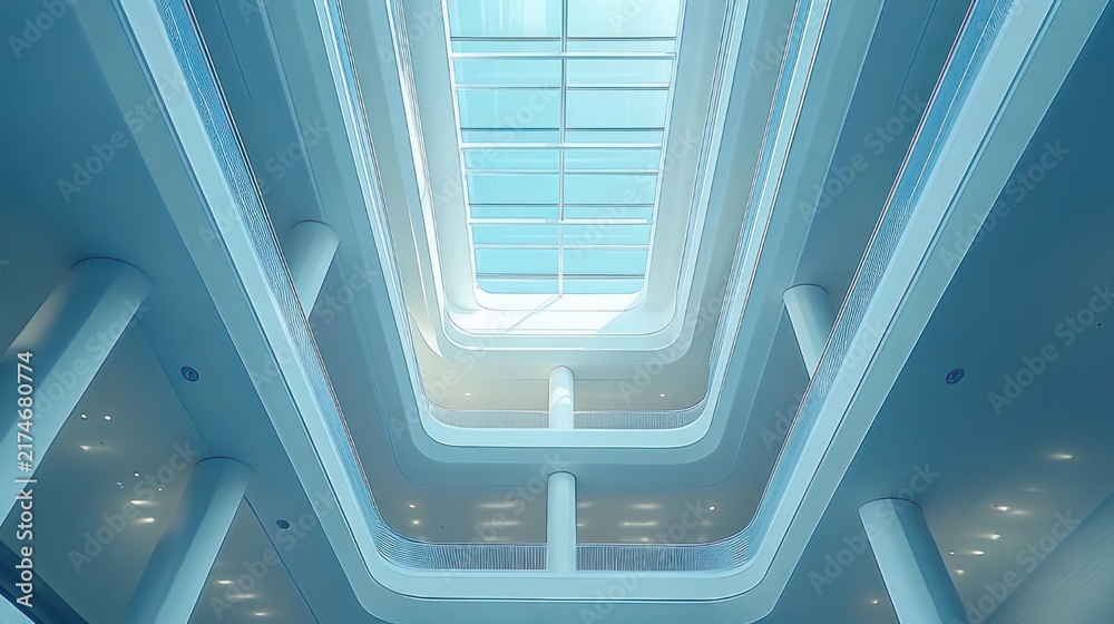 Obraz premium tranquil modern atrium with layered curved balconies, white columns and central skylight bathed in soft blue light