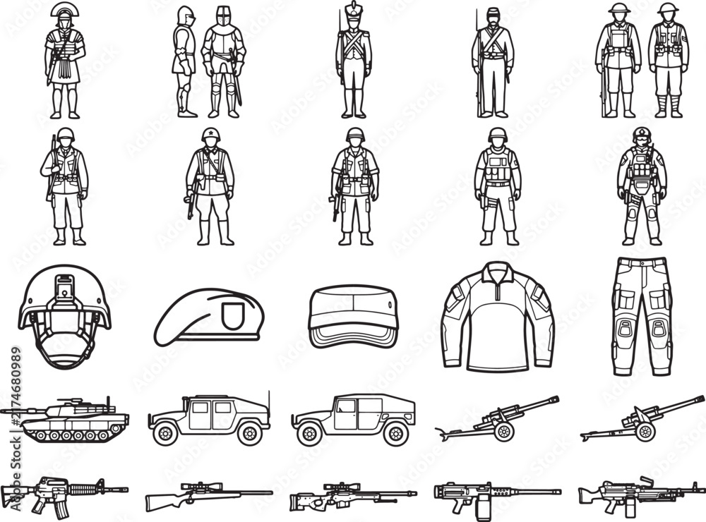 Obraz premium A collection of military icons featuring soldiers, helmets, uniforms, and weaponry, presented in a clean, graphic line art style for clear representation of defense and combat elements.