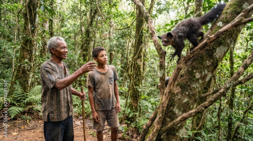 Obraz premium Encounter in the Emerald Jungle: An elder and a young boy observe a rare lemur perched on a branch amidst the dense, verdant foliage of a tropical rainforest.