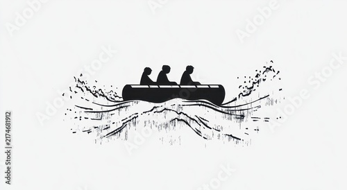 three paddlers in a canoe on stylized splashing waves with birds and ink grunge texture conveying teamwork and dynamic motion