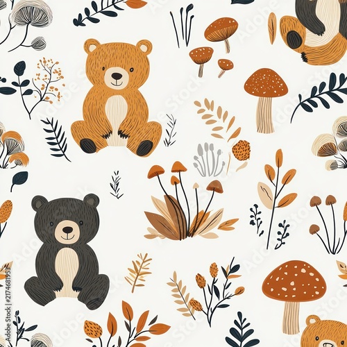 cute smiling teddy bears surrounded by mushrooms, wildflowers and autumn leaves in a warm hand-drawn forest pattern, playful and cozy mood