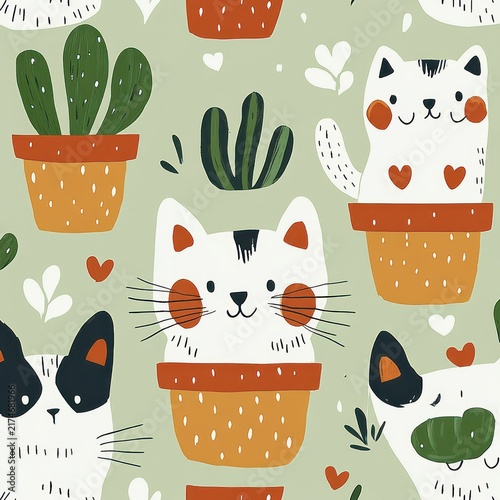 playful seamless pattern of smiling cartoon cats peeking from terracotta plant pots with succulents, hearts and leaves on a soft green background