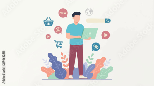 Man using laptop with e-commerce and digital marketing icons, online shopping concept
