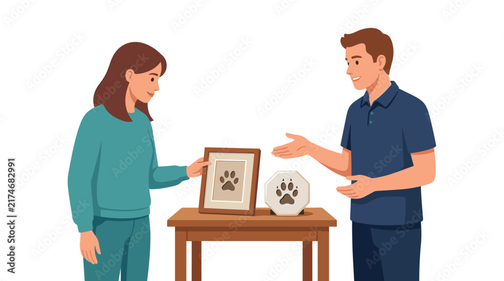 Obraz premium Flat vector illustration of a young couple viewing pet memorial paw print frames and plaques for grieving remembrance