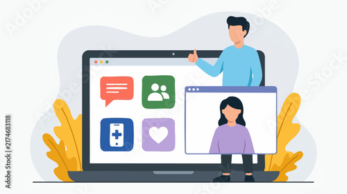 Digital communication concept with people, laptop, and online service icons